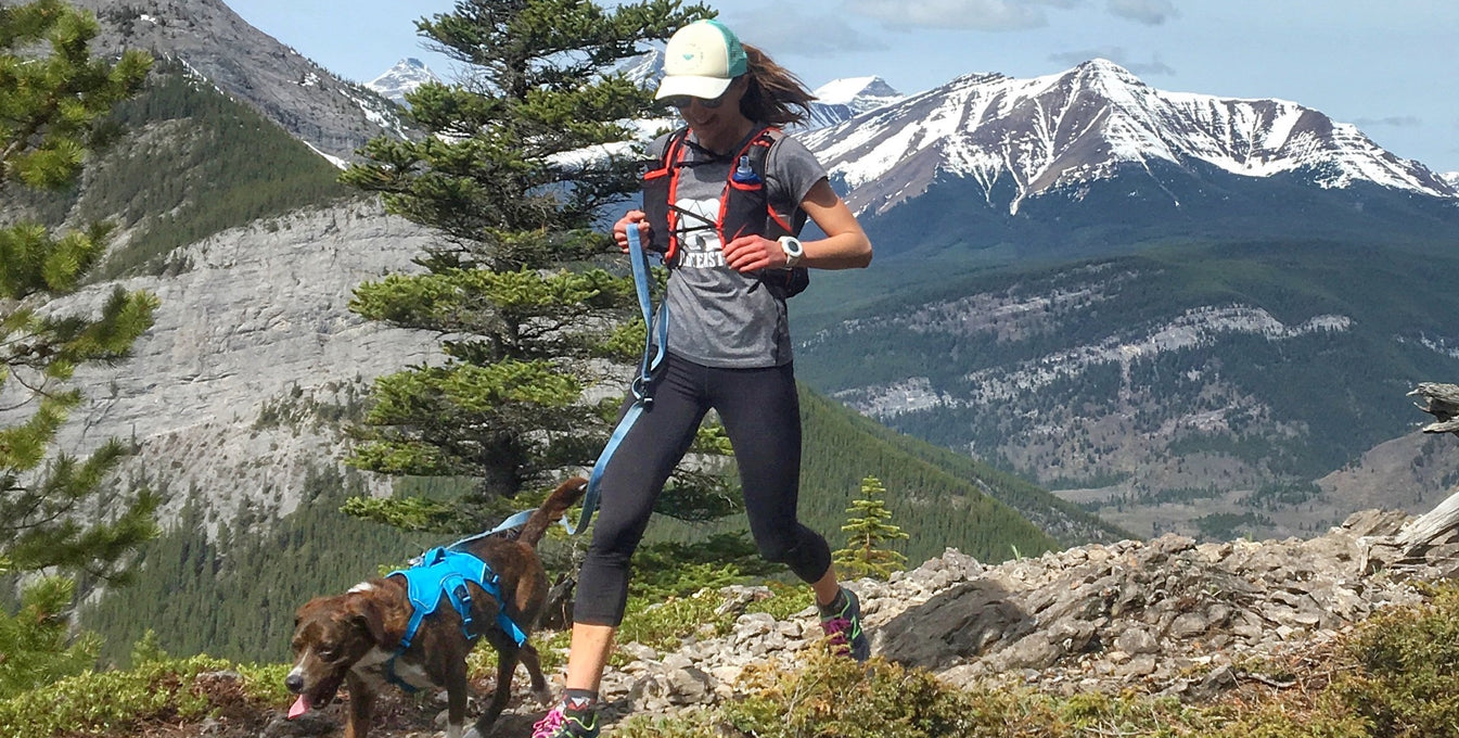 A woman runs on a mountain trail with her dog.