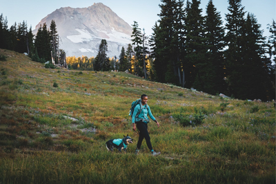 Woman hiking with her dog.
