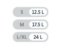 Capacity S (12.5L), M (17.5L), L/XL (24L)