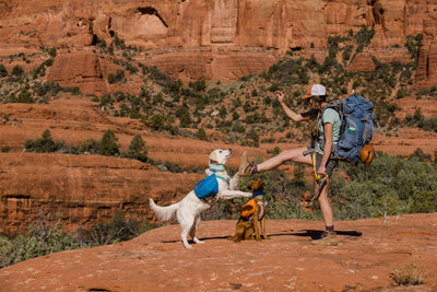 Hailey and her dogs Ripley and Skye backpacking in Sedona