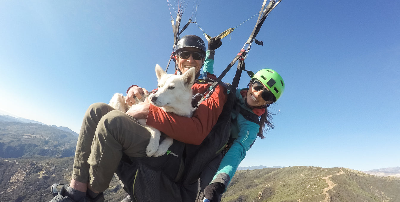 Man and woman paragliding with their dog