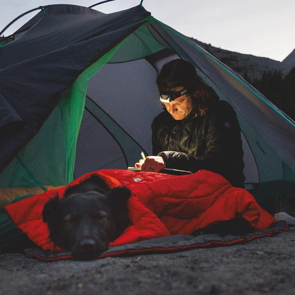 Alex writes in his trail diary with Raya by their tent.