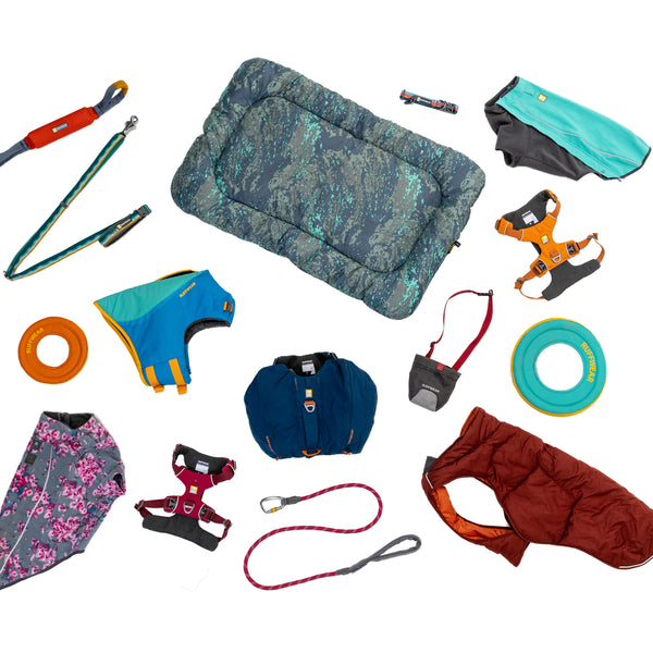 Laydown shot of a bunch of ruffwear gear.