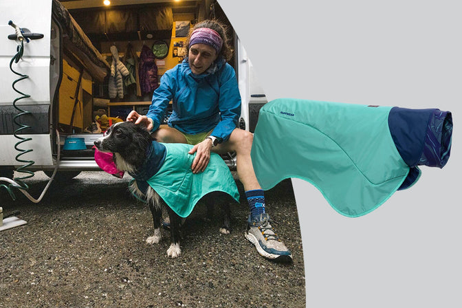 Dirtbag dog towel studio shot overlaid on woman sitting in side of van petting dog in Dirtbag Dog Towel after a muddy run.