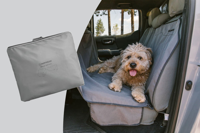 Dog sits in car on dirtbag seat cover.
