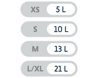 Capacity XS (5L), S (10L), M (13L), L/XL (21L)