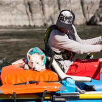 Guy paddles a raft with dog by his side