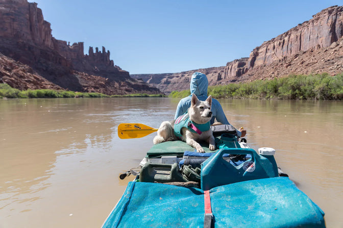 A woman and her dog sit on a raft while river rafting. 