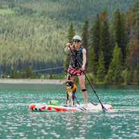 Bronwyn and Arnie stand up paddleboard across a lake surrounded by woods.