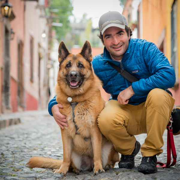 Ruffwear's distributor in Mexico Bernardo with his german shepherd in the street.
