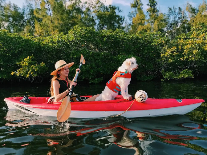Katie paddles a kayak with dog Spaghetti in standing on the front of the kayak in his life jacket.