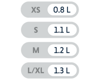 Capacity XS (.8L), S (1.1L), M (1.2L), L/XL (1.3L)