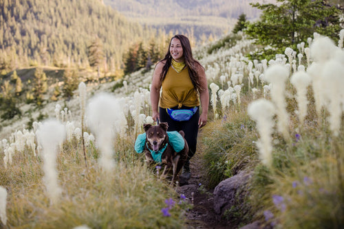 Woman hikes through beargrass with dog.