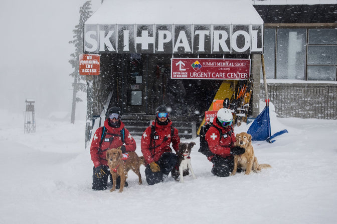 Three ski patrollers with avalanche rescue dogs sit on snow in front of patrol office.