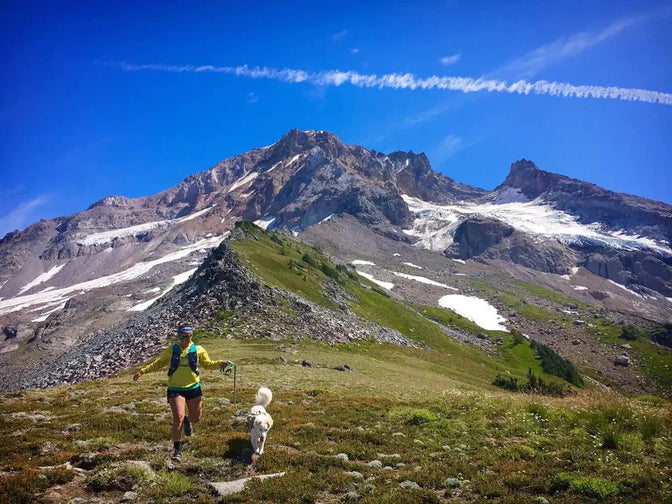 Theresa and cassie run down a grassy and rocky alpine ridge on a sunny day.